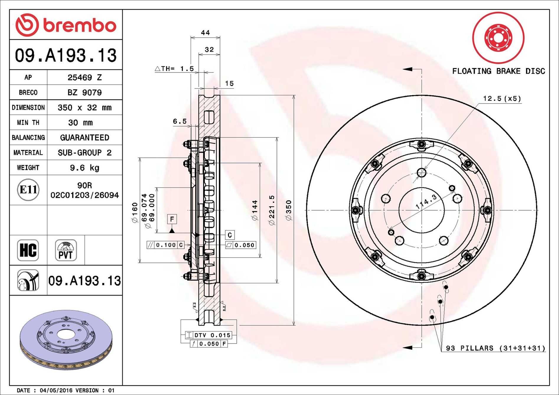 Tarcze hamulcowe przednie BREMBO OEM Mitsubishi Lancer EVO X 2 sztuki