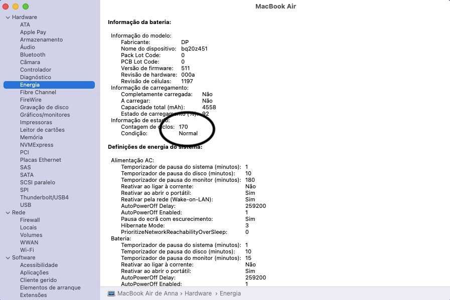 MacBook Air (11 polegadas, início de 2014) Bateria 170 ciclos