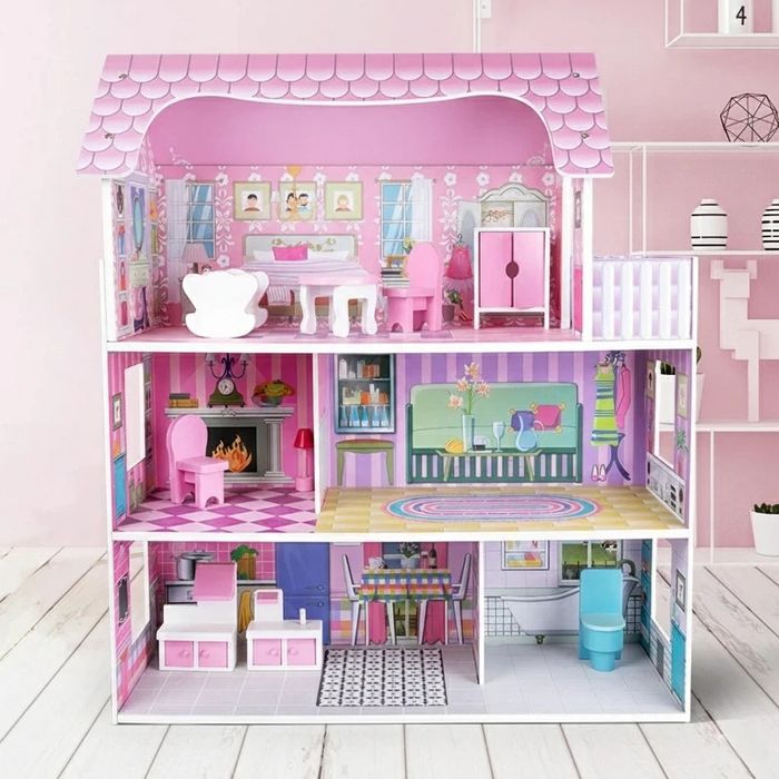 Великий дерев’яний ляльковий будиночок MD 2668 3 поверхи рожевий