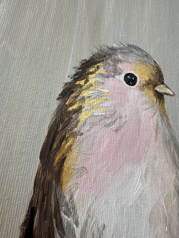 Obraz 60x60 cm ptaki na szarym tle na gałęzi farby akrylowe