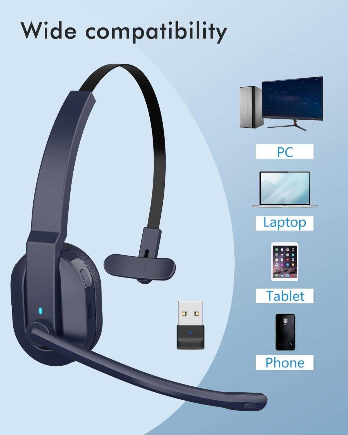 ASIAMENG Zestaw słuchawkowy Bluetooth z mikrofonem, bezprzewodowy