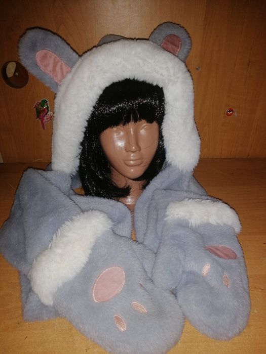 Шапка, шарф перчатки 3 в 1. Зимняя  шапка капор.