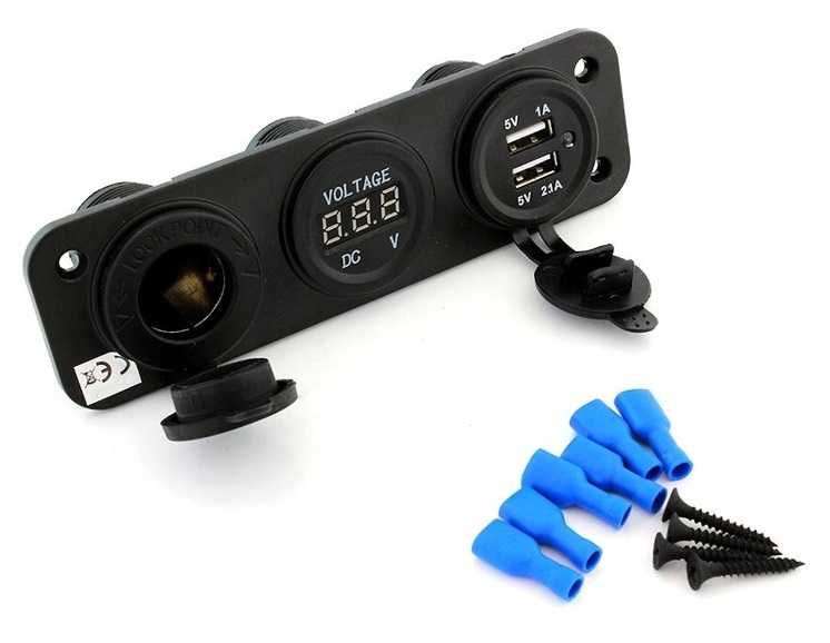 Ładowarka Gniazdo zapalniczki 12V 2x USB 5V Woltomierz motor auto