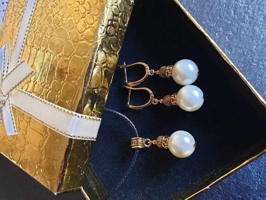 Дизайнерский комплект с жемчугом майорика в позолоте "Эллада"