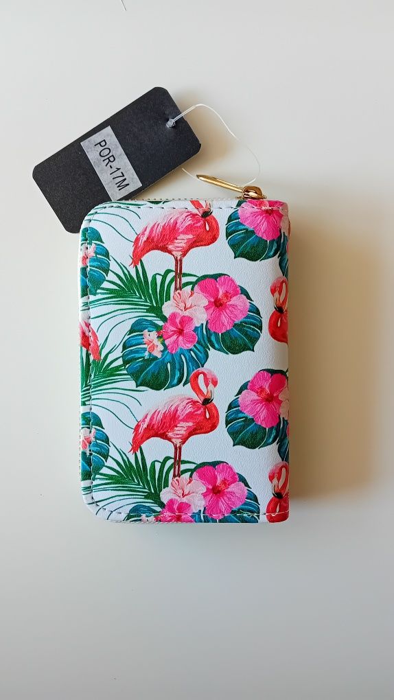 Nowy! Mini portfelik Flamingi wśrod kwiatów