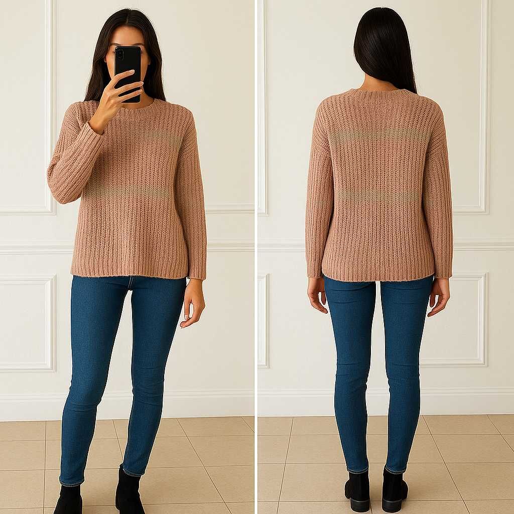 sweter z połyskującą nitką i luźnym krojem, pudrowy róż