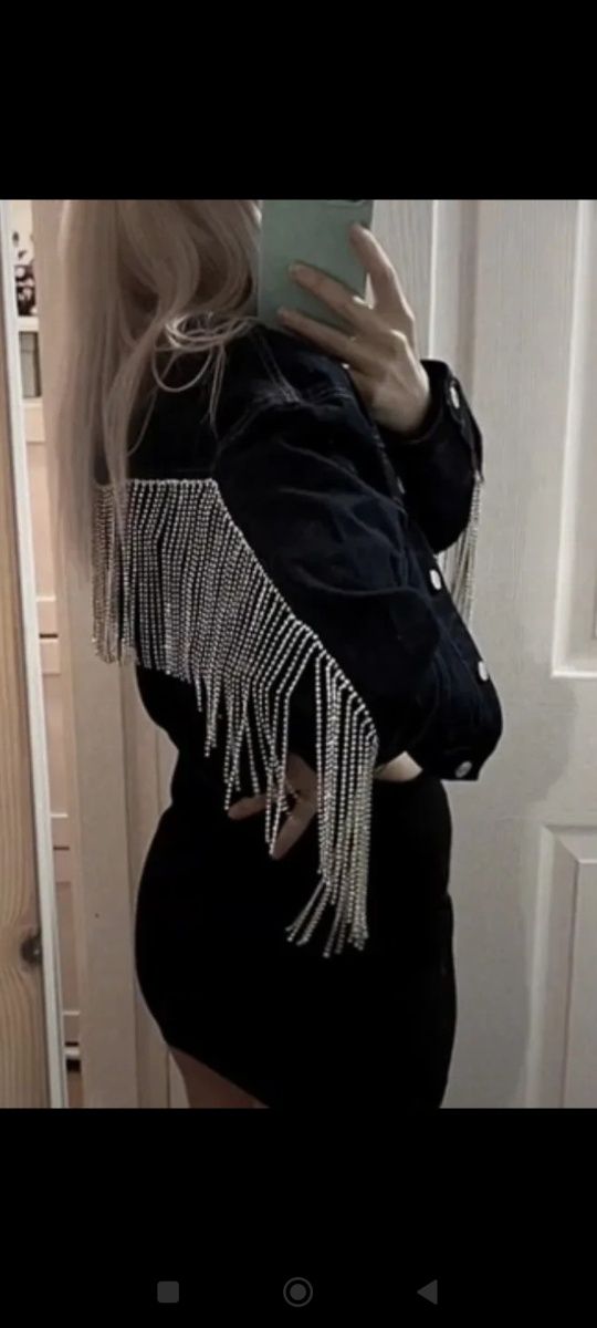 XS Zara kurtka jeansowa z frędzlami cyrkoniami