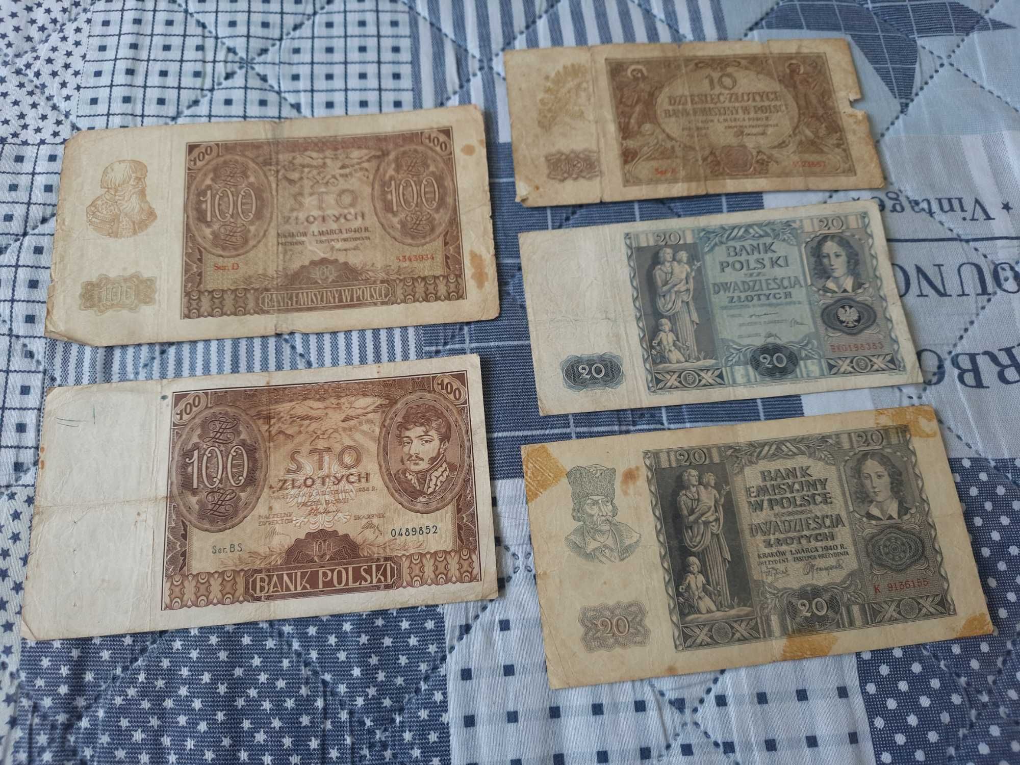 stare polskie banknoty okupacja niemiecka PRL 10,20,100 zł 1934,1940