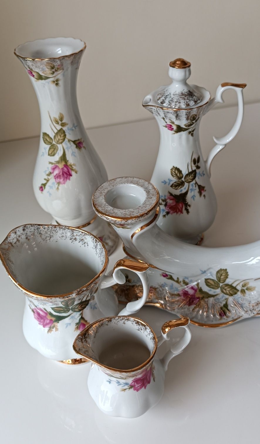 Nowa piękna porcelana Chodzież Róża Iwona złota 5szt świecznik dzbanki