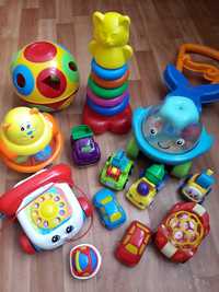 машинки, телефон-каталка Fisher price, пирамидка, юла chicco