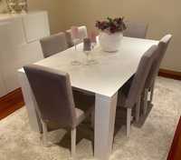 Mesa de jantar branca lacada (1,80x1,00) com 6 cadeiras bege