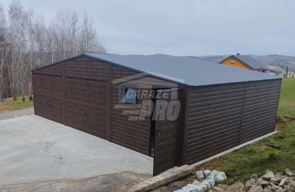 Garaż blaszany 9x6 drzwi - okno - Ciemny orzech Antracyt GP280