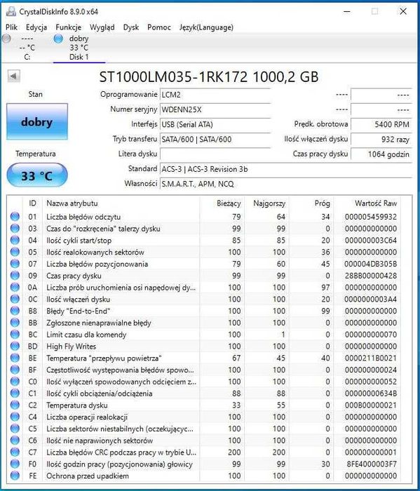 Dysk SATA 2,5" 1000GB 1TB do laptopa S.M.A.R.T.