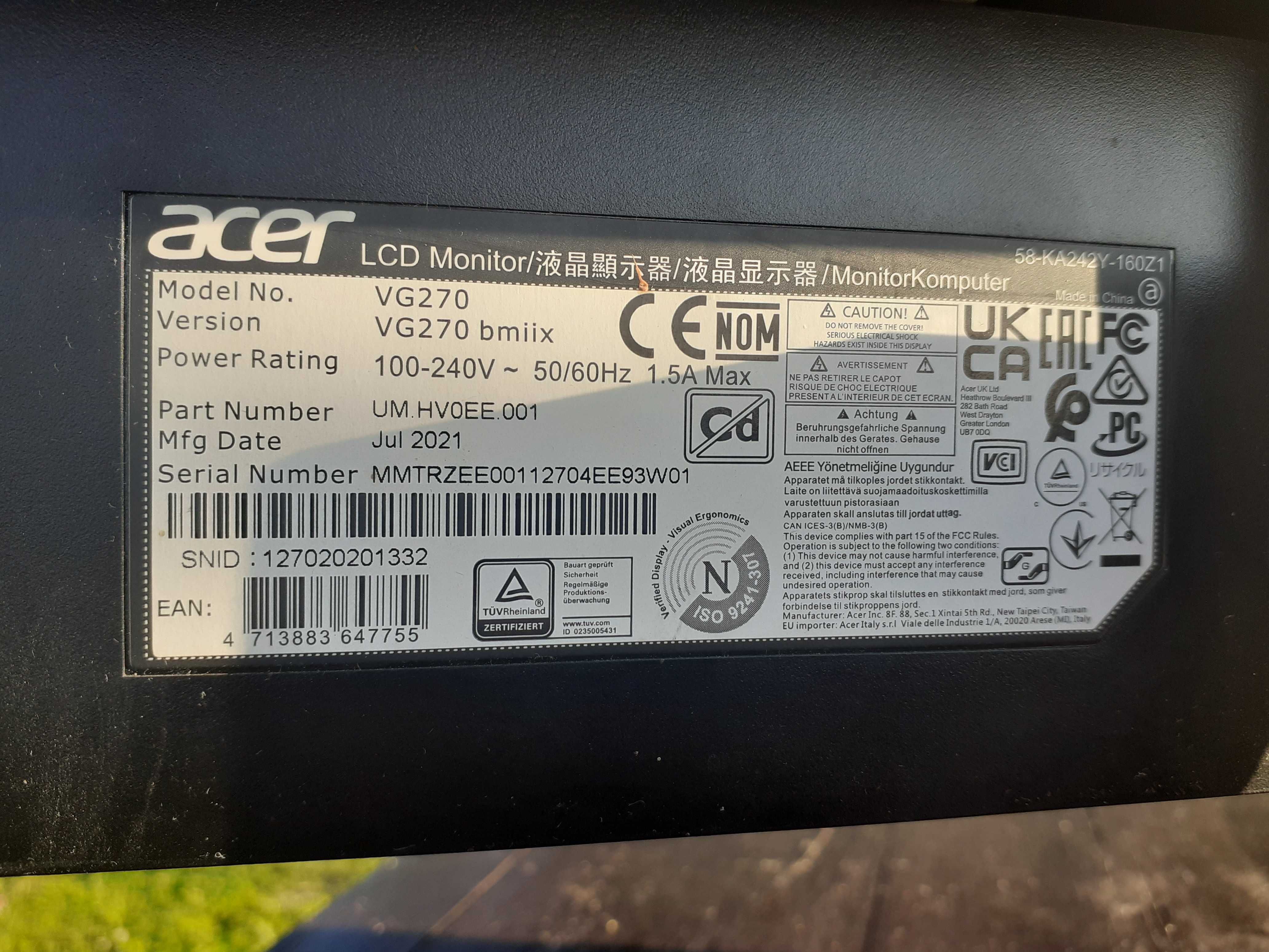 Okazja monitor acer lcd VG270 bmiix