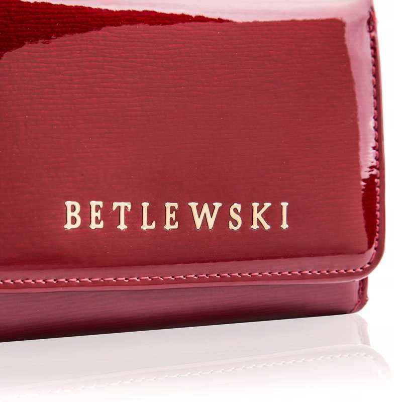 BETLEWSKI elegancki portfel damski ze skóry naturalnej czerwony suwak
