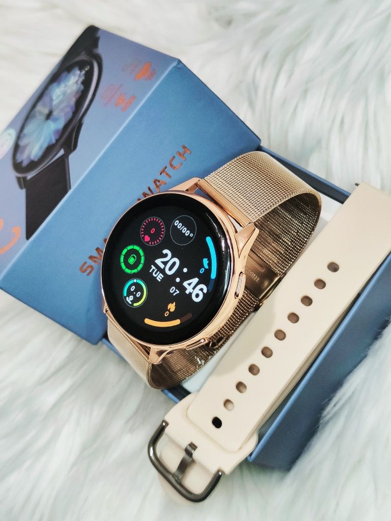 Nowy Smart Watch T2Pro z Okragla Tarcze Damski Zloty Pasek