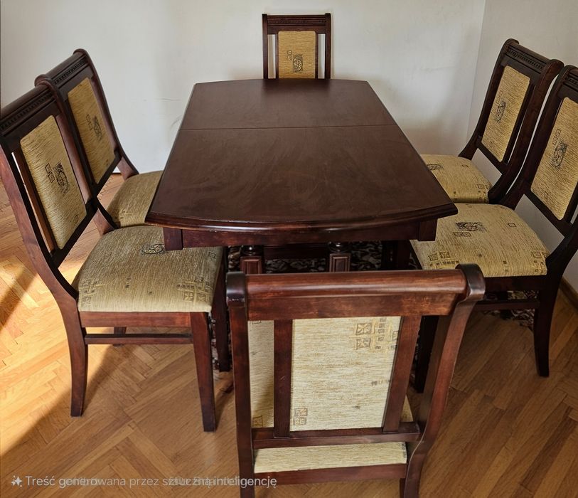 Stół drewniany- rzeźbione nogi rozkładany oraz krzeseł