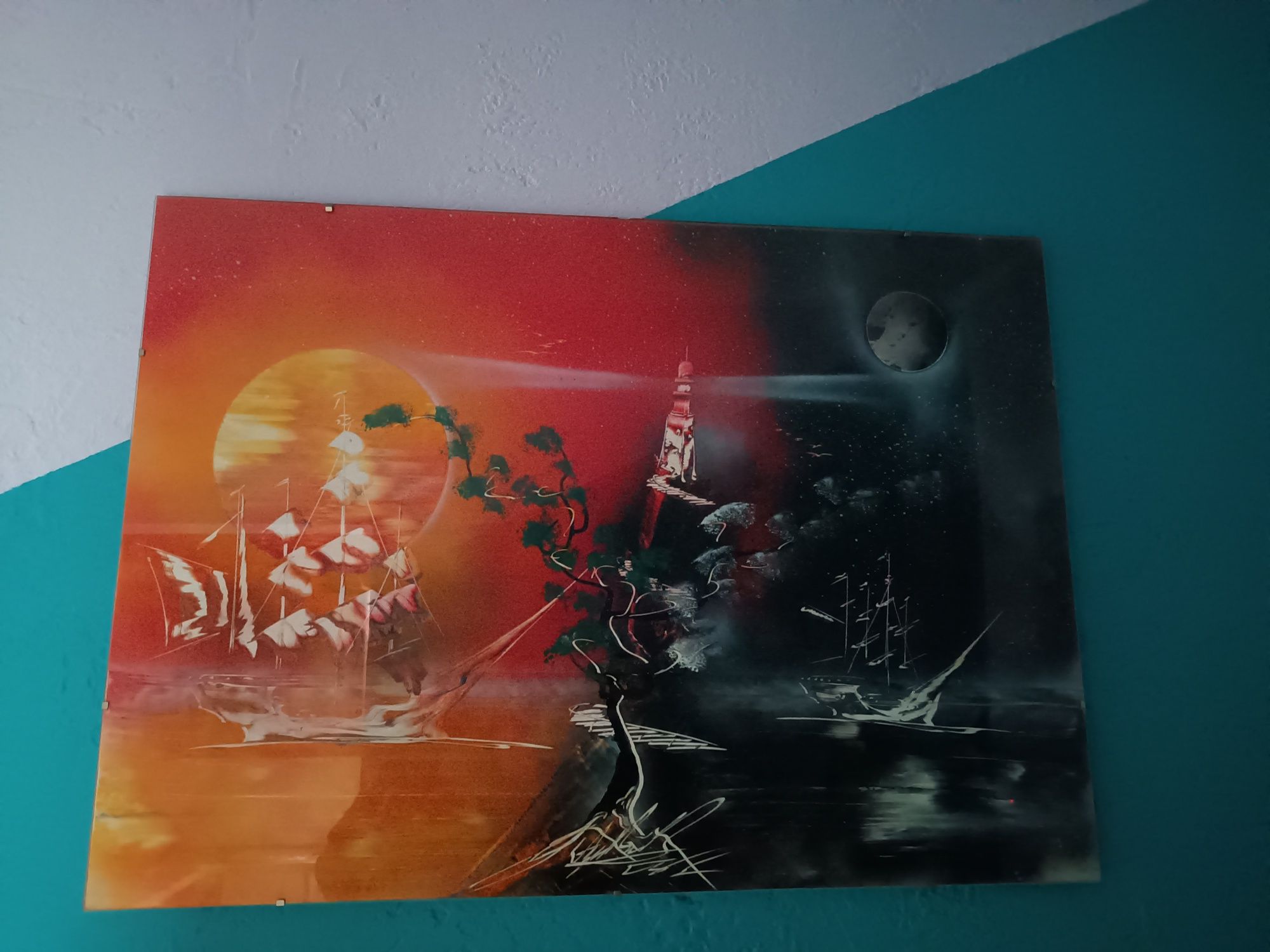Duży obraz z antyramą antyrama spray malowany morze latarnia