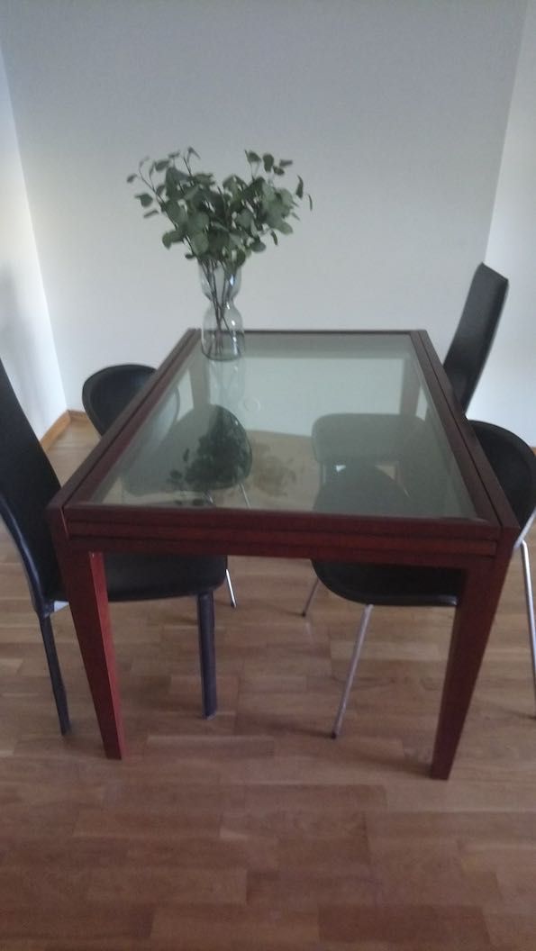 Mesa design com tampo duplo extensível de vidro - redução de preço