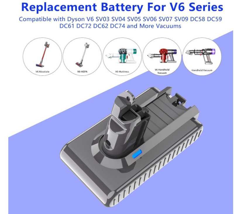 Усиленная батарея 6000 мАч Dyson V6 SV03/04/05/06/07/09+фильтры