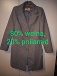Elegancki płaszcz zimowy, roz. L (40), szary, 80% wełna