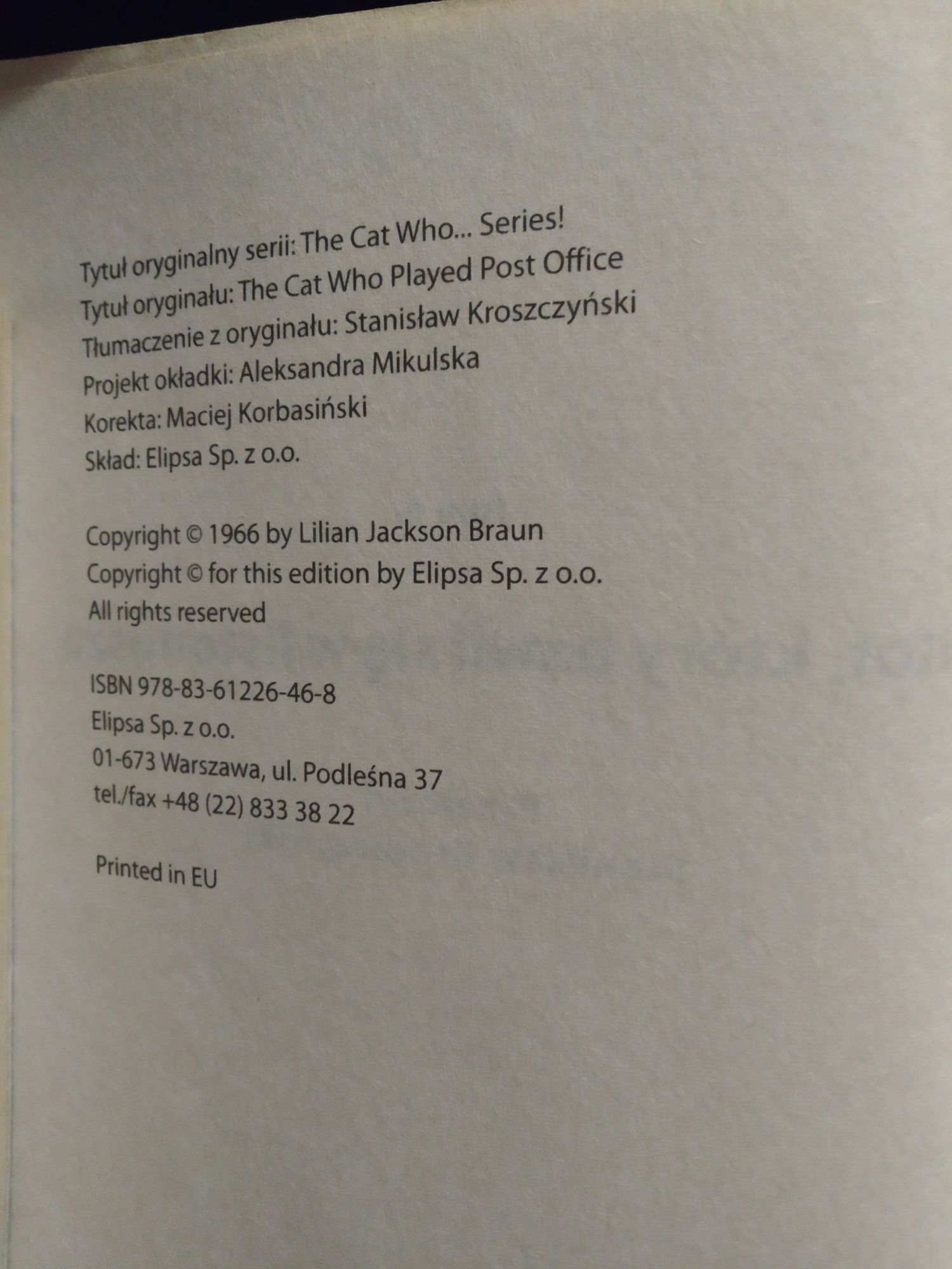 Książka " Kot który bawił się w listonosza"Lilian Jackson Braun Tom 6