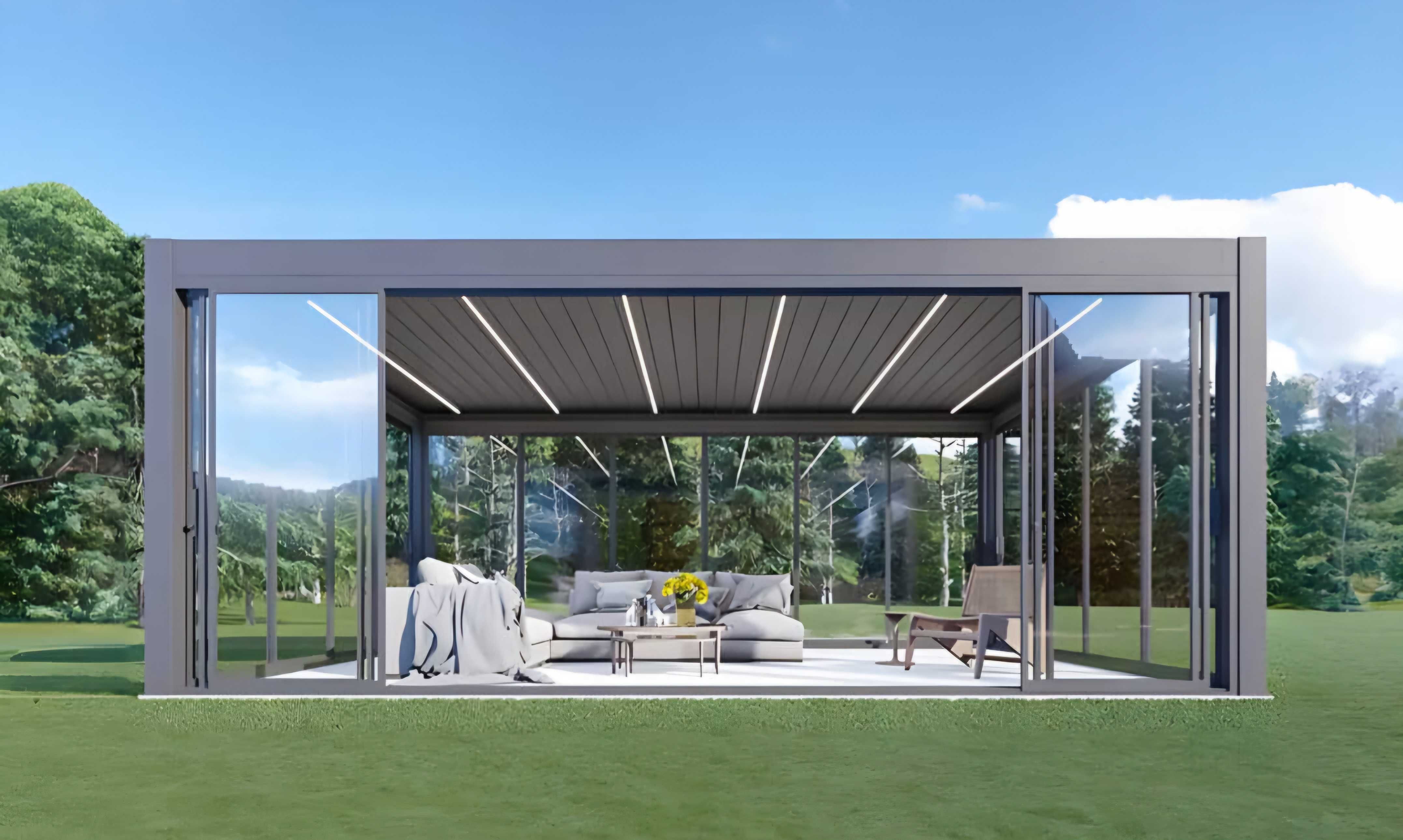 Pergola aluminiowa 5x4m, lamelowa, elektryczna, LED, 3 rolety ZIP