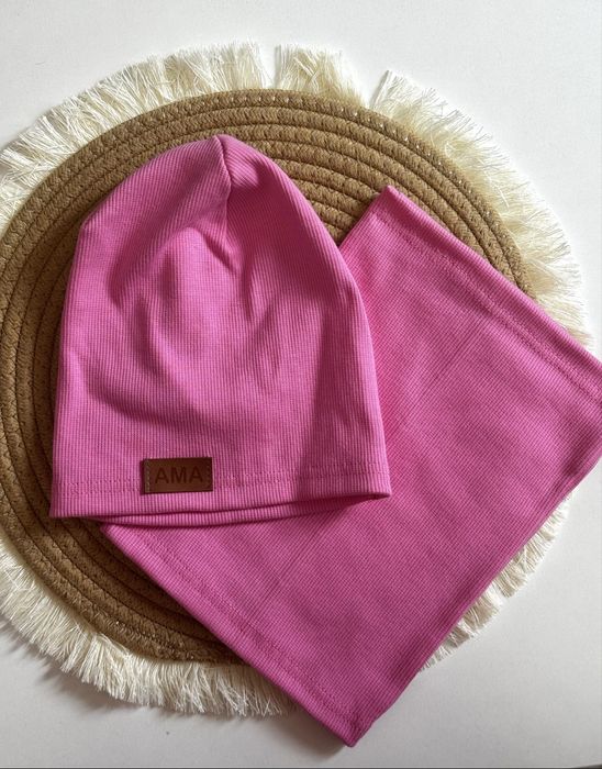 Ama polski producent czapka + komin w prazek baby pink uni