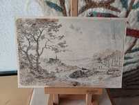 Desenho a pena de August Geist (1858) - Paisagem campestre com igreja