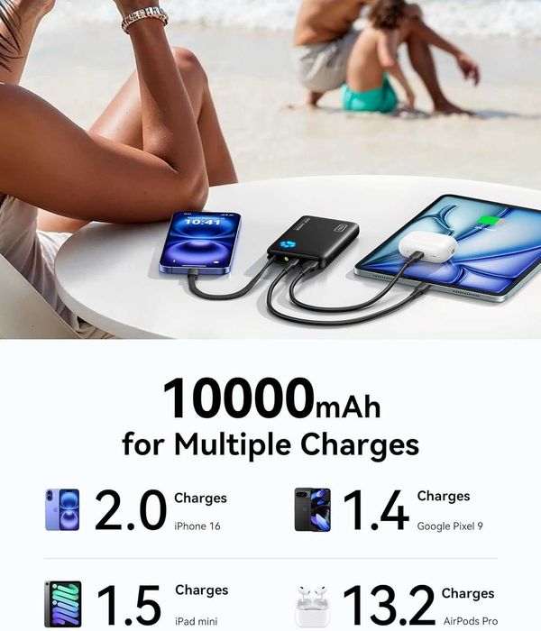 INIU 45W Power Bank, with Built-in USB C Cable, 10000mAh Small