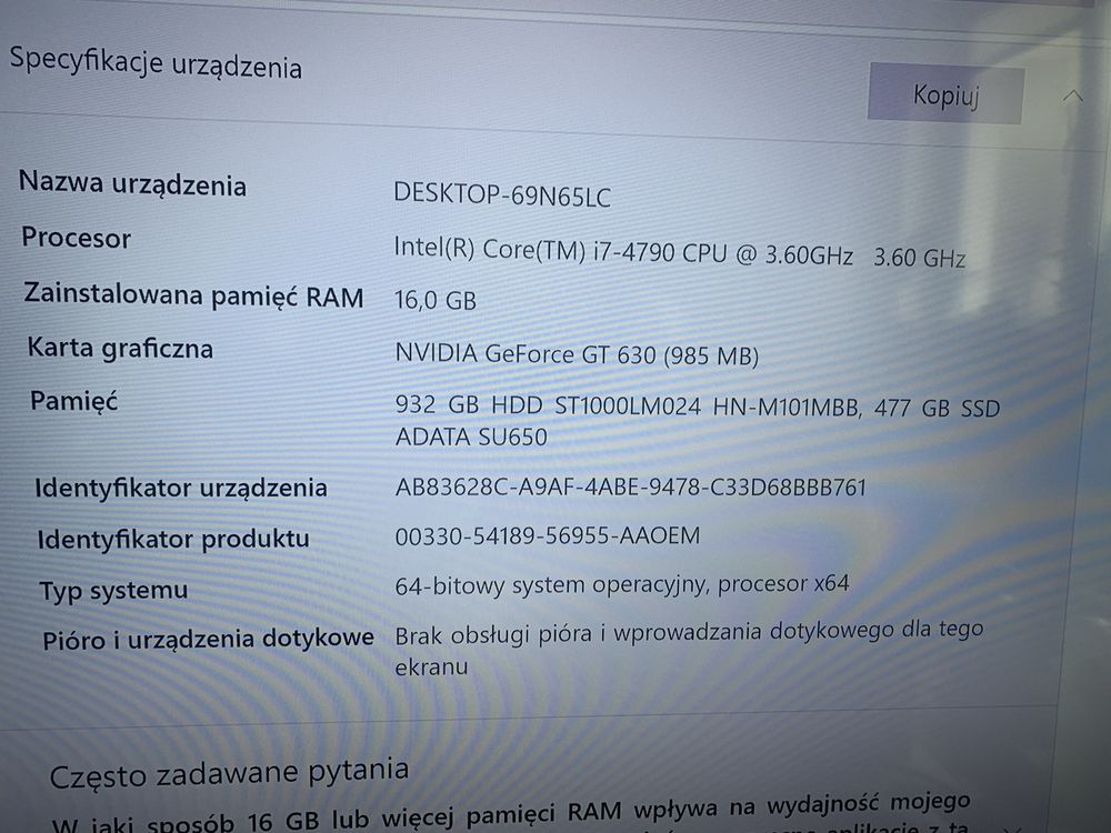 Komputer stacjonarny i7 4th gen. 16GB RAM ( NVIDIA GeForce GT 630 )