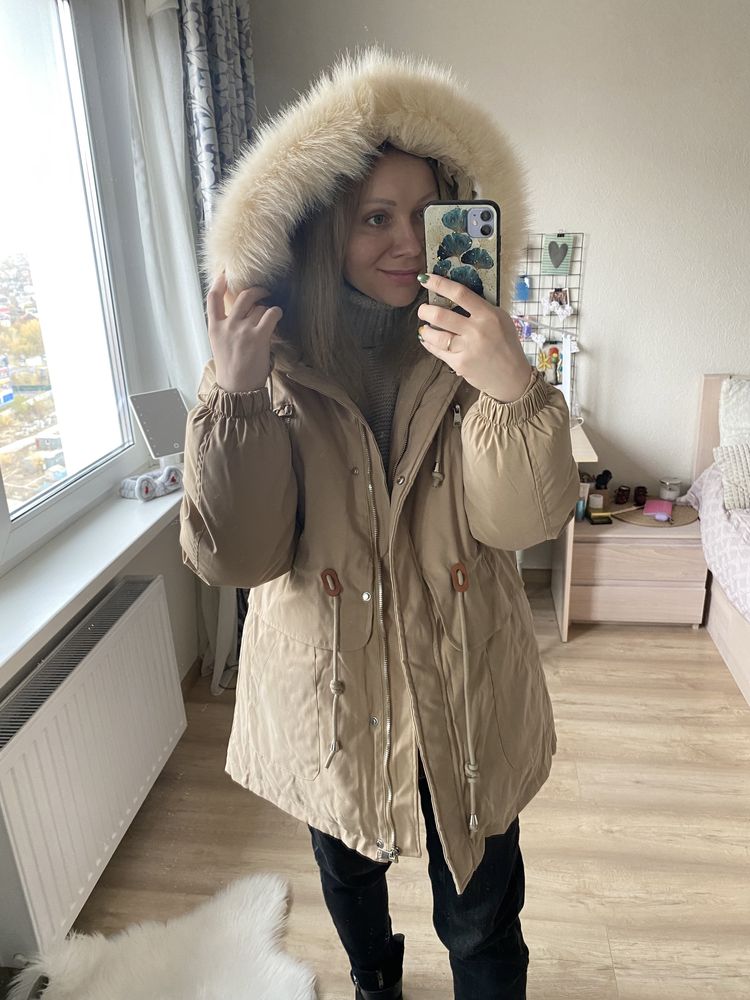 Женская зимняя куртка с мехом, Парка осенняя, Бежевая