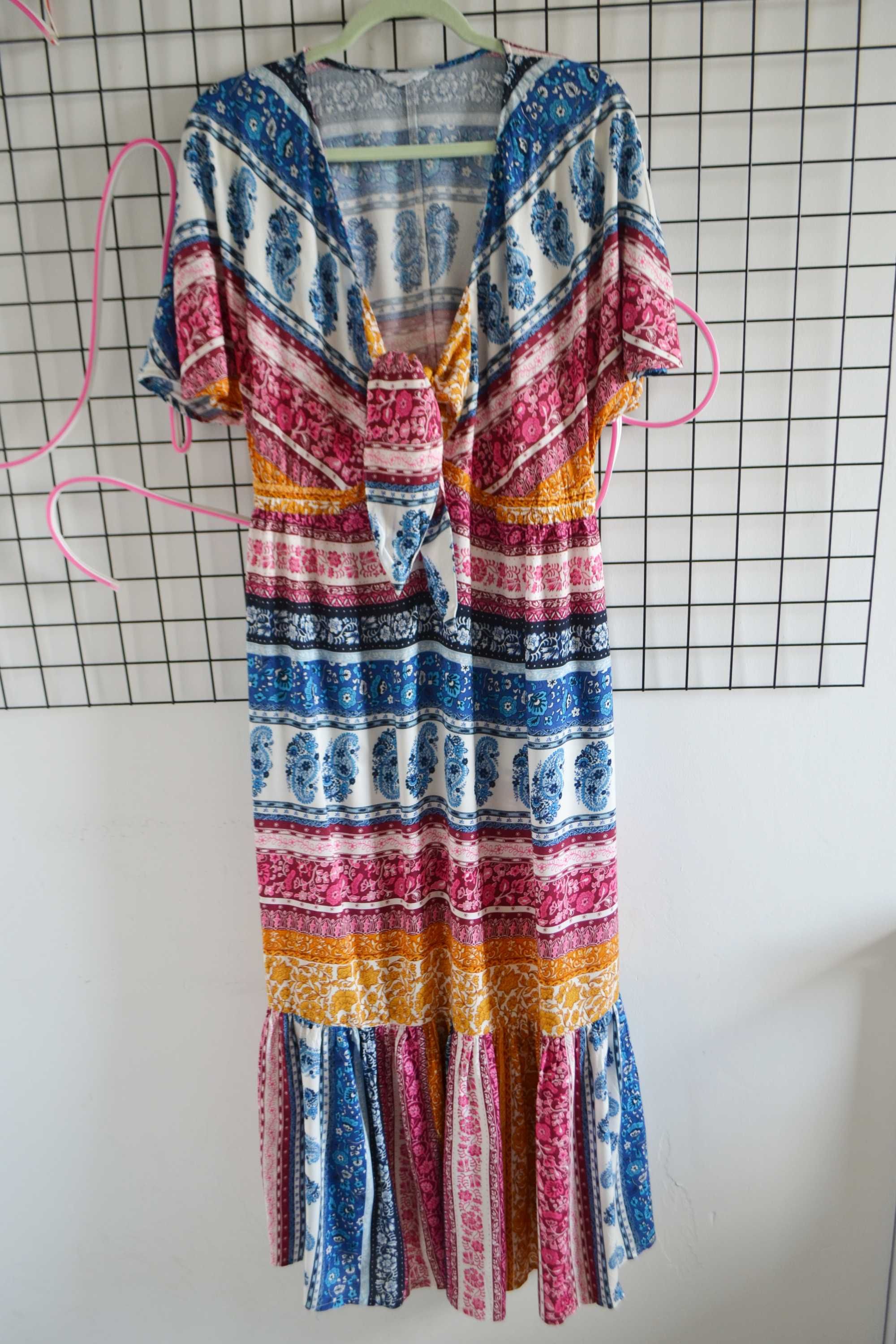 Sukienka kolorowa boho hippie maxi długa falbana Monsoon we wzory M