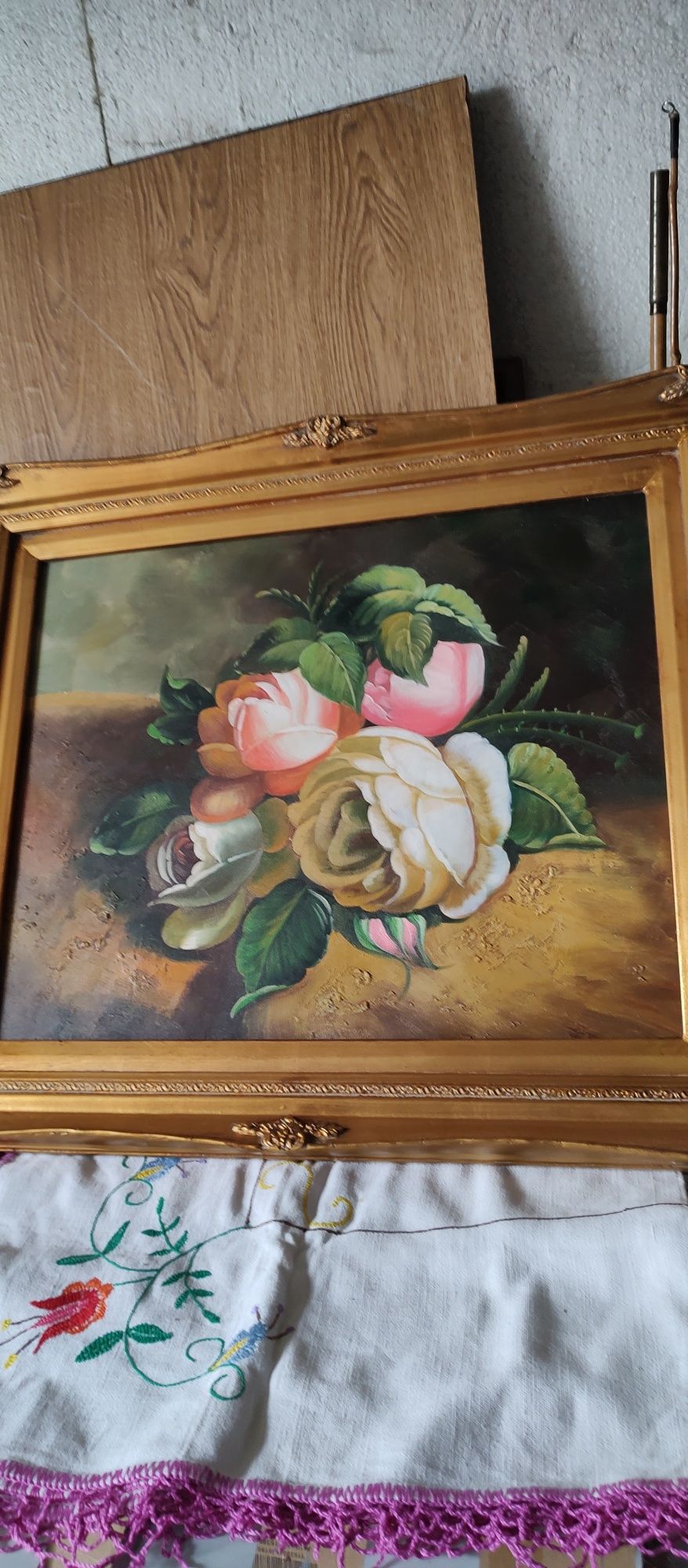 Obraz Płótno Złota Rama Zdobiona Kwiaty Florystyka Antyk Cudo!