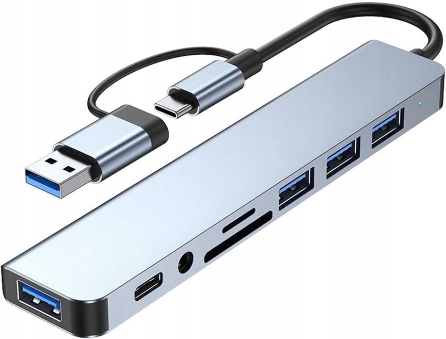 Hub adapter USB-C 8w1 – przejściówka, czytnik USB 3.0, audio