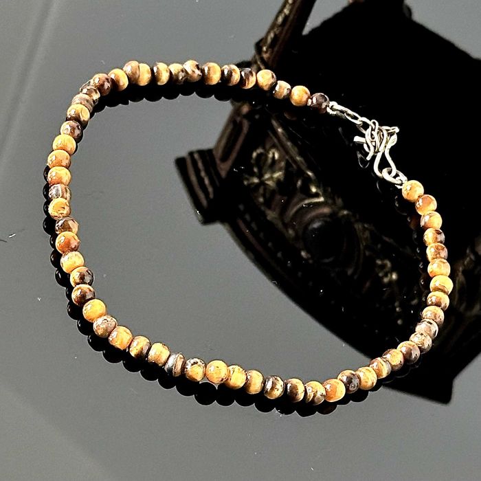 Bransoletka srebra na nogę, naturalne Tygrysie Oko, srebra próby 800