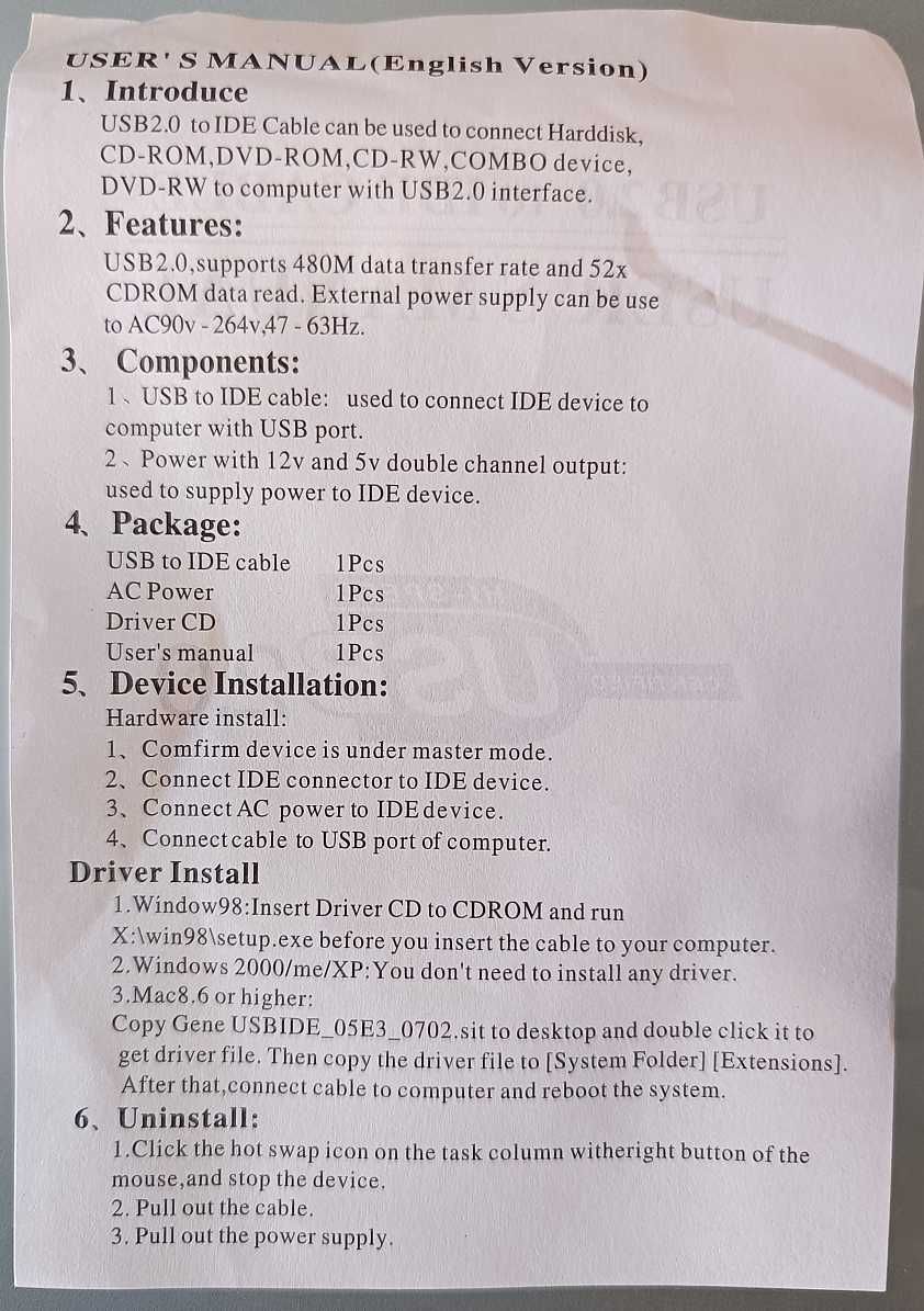 Adapter USB 2.0 > IDE do dysków twardych i napędów CD/DVD