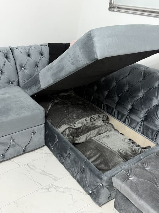Narożnik glamour srebrzysta szarość chesterfield unikat