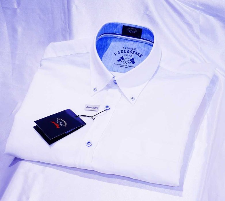 Koszula Paul and Shark  XL 42 krótki lniana len biała regular lacoste