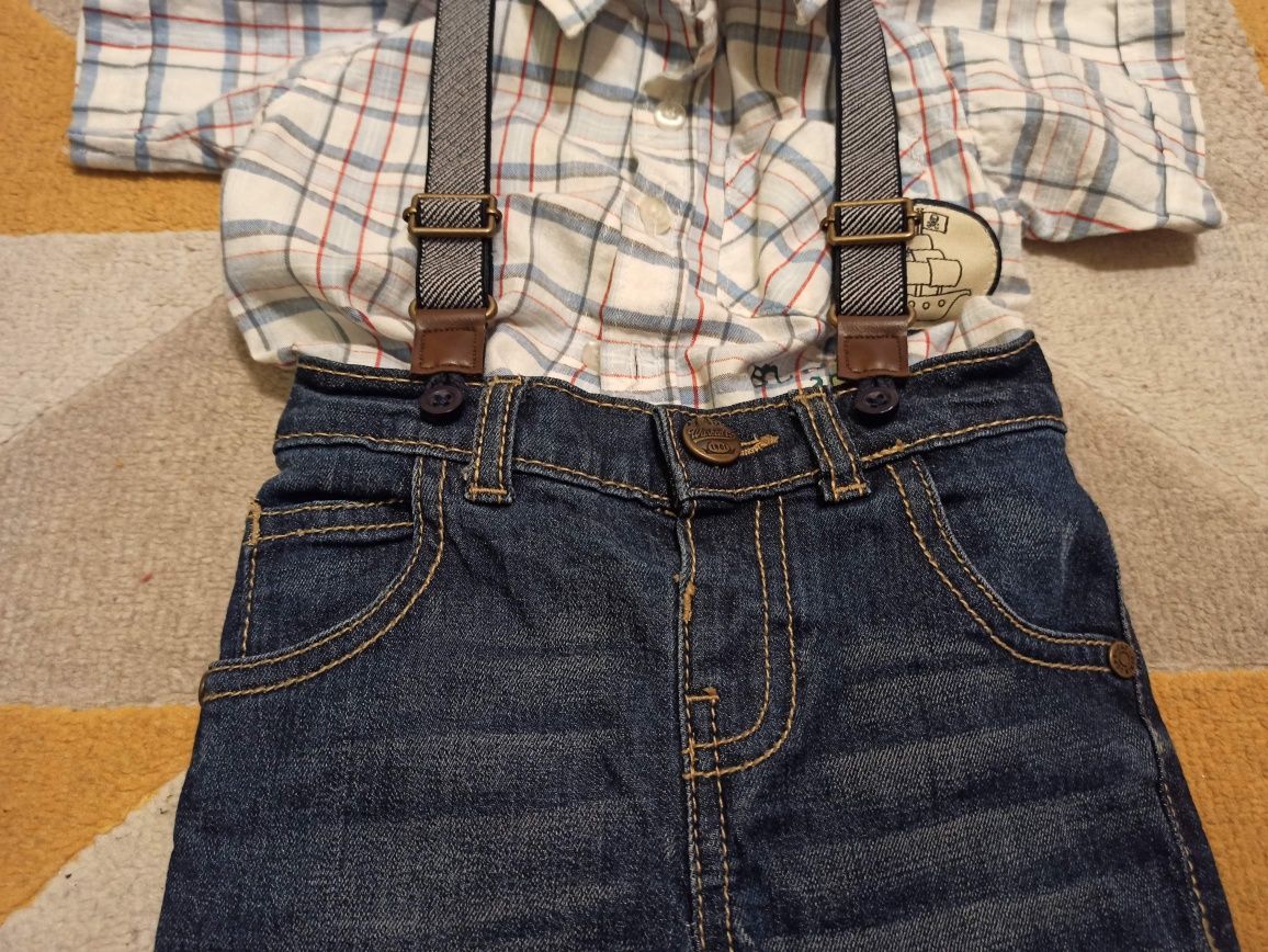 Spodnie jeansy granatowe z szelkami F&F na sesję święta rozmiar 6-9 mi