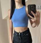 Niebieski damski crop top krótka bluzka w prążki na lato XXS 32 Sinsay
