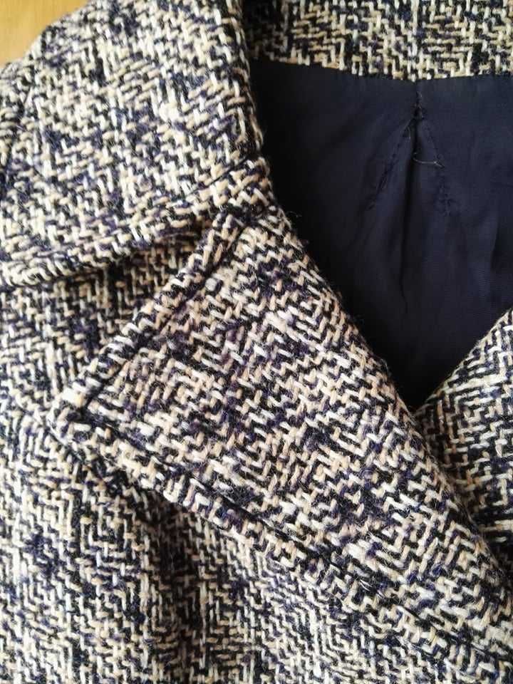 Płaszcz vintage wełna tweed s 36 klapy beżowy granat