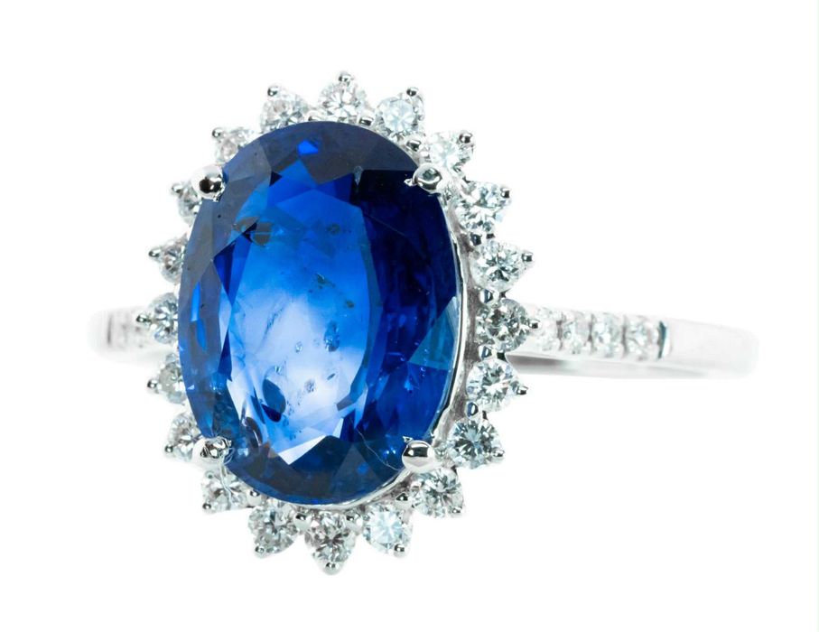 Pierścionek z naturalnym szafirem 4.11 ct Cejlon diamenty złoto 14k