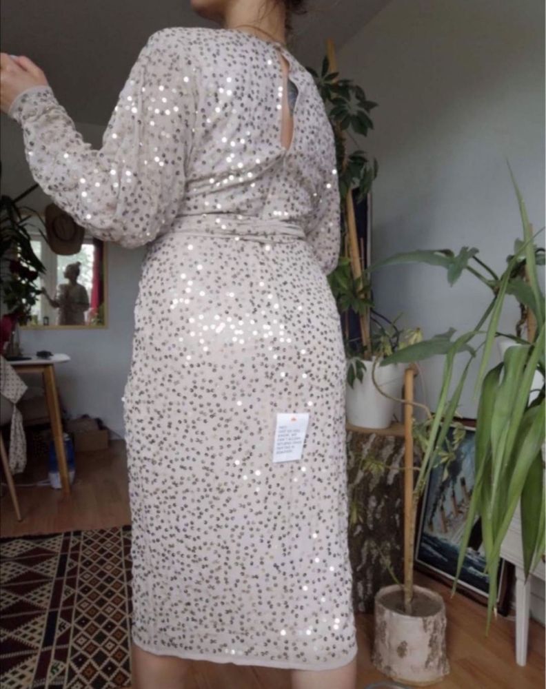 Beżowa cekinowa sukienka midi kimono m 38 asos luxe