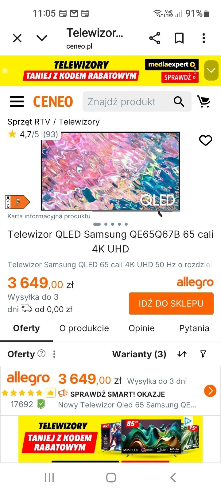 Qled Samsung 65", smart, 03.2023r + wieszak