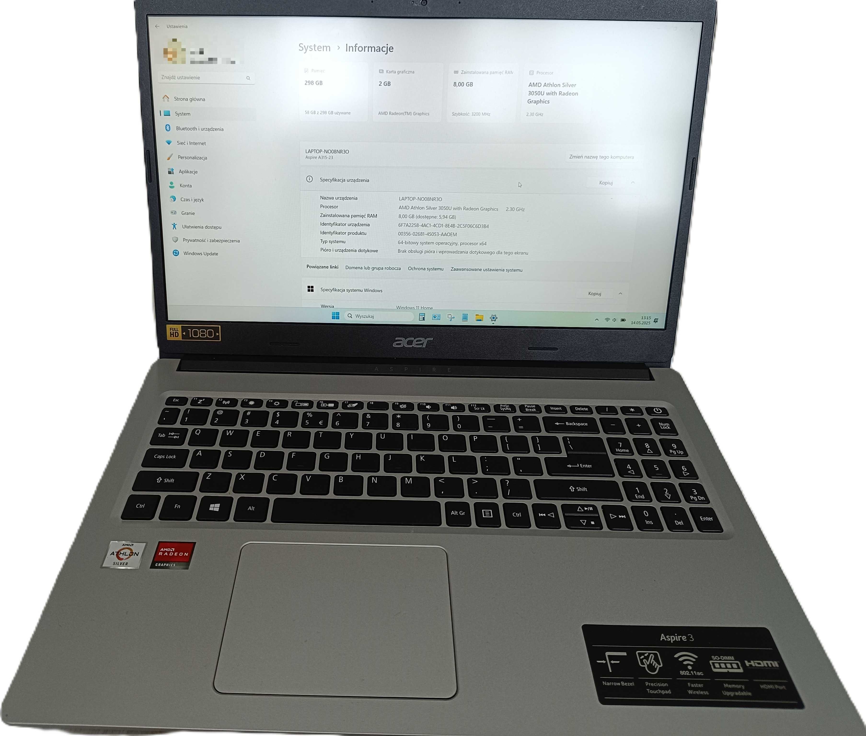 Laptop Acer Aspire 3 Athlon 3050U/8GB/64+240/Win11 Srebrny