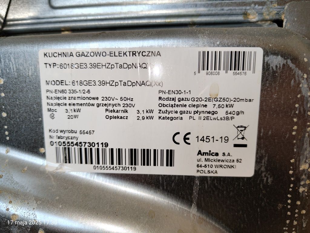 Kuchnia gazowo-elektryczna 60 cm