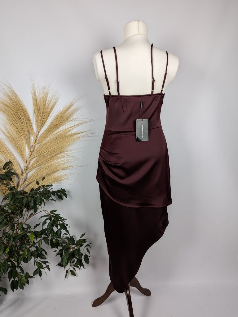Nowa bordowa burgundowa asymetryczna sukienka na ramiączkach 42