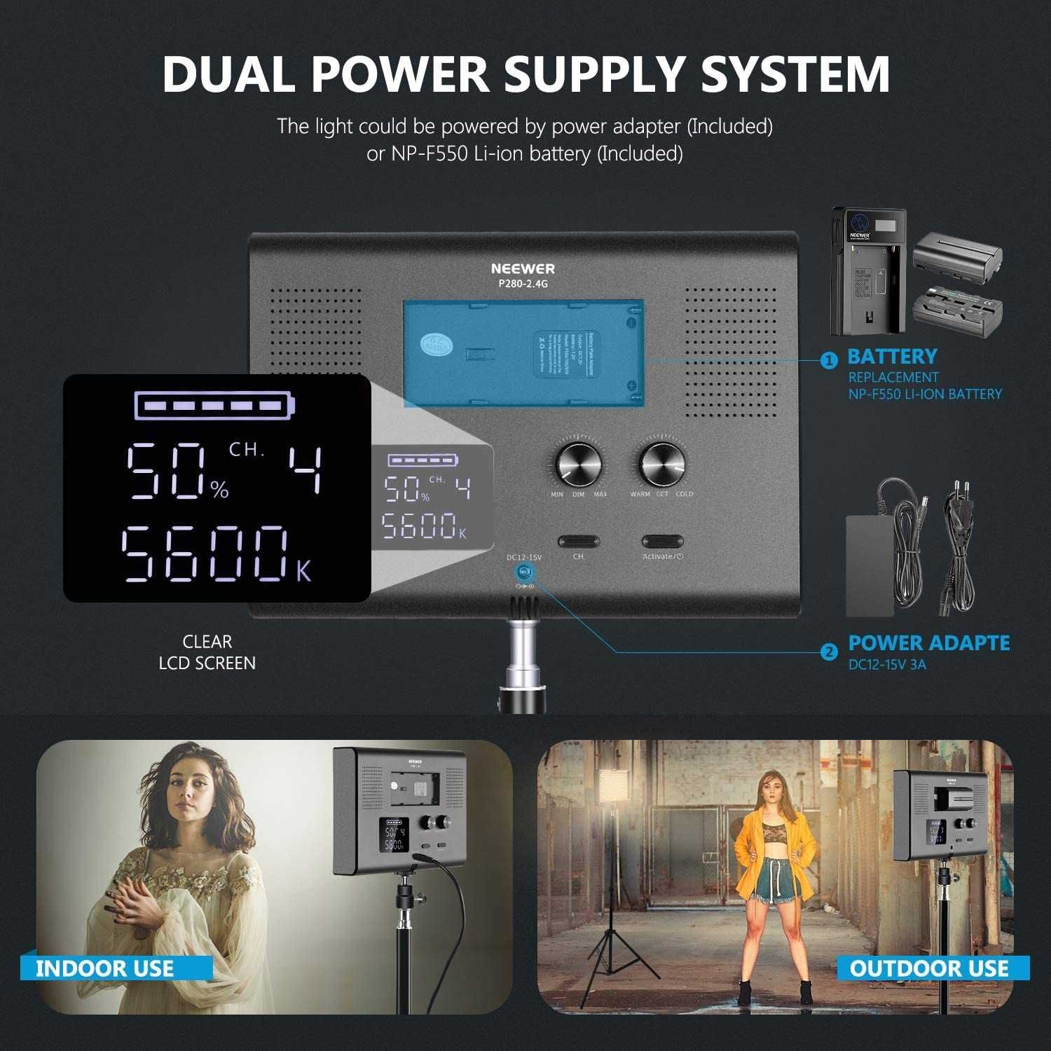 2 iluminadores de 280 leds c/comando, alimentação AC, baterias e tripe