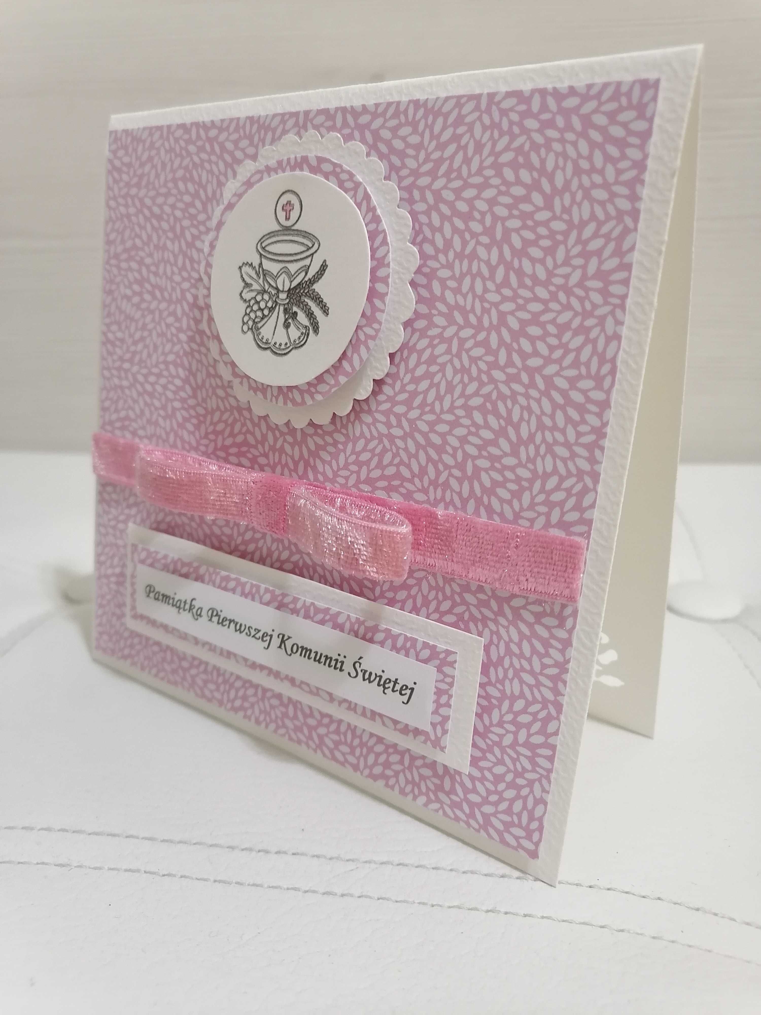 Kartka komunijna dla dziewczynki ze wstążką różowa